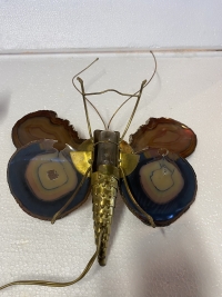 1970’ Paire D’Appliques Papillon en Bronze ou Laiton, Duval Brasseur Ou Isabelle Faure, 1 Ampoule, Ailes d’Agate
