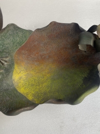 1900′ Corbeille A Fruit Bronze Patiné Art Nouveau, Grue Du Japon Et Nénuphars