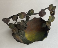 1900′ Corbeille A Fruit Bronze Patiné Art Nouveau, Grue Du Japon Et Nénuphars