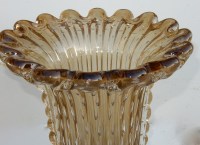 1970&#039; Paire De Vases Cristal Murano Fumés Et Or Toso Signés