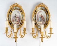 Paire d&#039;appliques en bronze doré et plaque de porcelaine, Napoléon III, XIX siècle