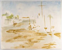 Peinture sur Papier, Vue d&#039;un port, années 1970, Luez