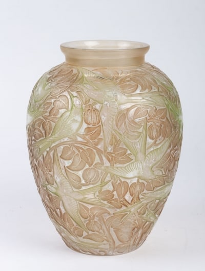 Vase « Martin Pêcheurs » verre blanc patiné sepia et vert de René LALIQUE|||||||||