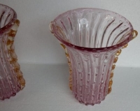 1970′ Paire de Vases Ou Similaires Cristal Murano Rose et Or Signés Toso