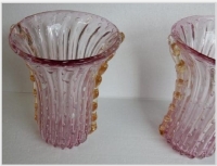 1970′ Paire de Vases Ou Similaires Cristal Murano Rose et Or Signés Toso