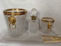 1970′ Seau A Champagne,A Glaçons et Flacon Cristal Pointes De Diamant Avec Tétes De Lion Bronze Doré