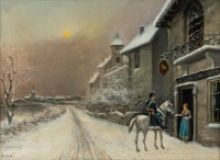 Théodore Levigne (1848-1912) Visite du gendarme au Lion d’Or sous la neige huile sur toile fin du XIXème siècle