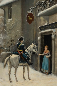 Théodore Levigne (1848-1912) Visite du gendarme au Lion d’Or sous la neige huile sur toile fin du XIXème siècle
