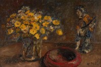 Huile sur toile encadrée, milieu XXème, bouquet de fleurs jaune et troubadour