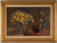 Huile sur toile encadrée, milieu XXème, bouquet de fleurs jaune et troubadour