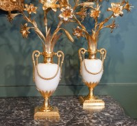 Paire de vases Louis XVI en marbre et bronze doré.