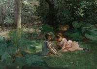 Huile sur toile représentant une femme assise et ses deux enfants dans le jardin signée F. Ringel, vers 1880
