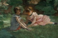 Huile sur toile représentant une femme assise et ses deux enfants dans le jardin signée F. Ringel, vers 1880