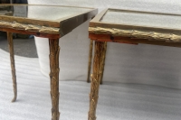 1970′ Table Tripartite Maison Charles Décor Palmier en Bronze Doré avec Plateaux Miroir 125 X 52 X H 42 cm