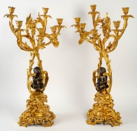 La Tendresse. Paire De Candélabres De Style Louis XV En Bronze à Double Patine. 1850.