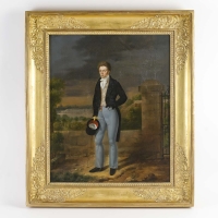 Portrait d&#039;un gentilhomme en pied, huile sur toile dans son cadre en bois doré, école française du XIXe siècle, circa 1840-1850