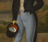 Portrait d&#039;un gentilhomme en pied, huile sur toile dans son cadre en bois doré, école française du XIXe siècle, circa 1840-1850