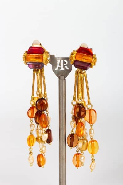 Boucles d&#039;oreilles en pierres violettesbronze doré et verre brun|||||||