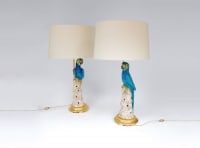 Paire de lampes perroquets bleus faience 1970