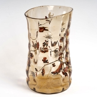 Vase &quot;Mante Religieuse&quot; verre fumé godronné émaillé - Cristallerie d&#039;Emile Gallé