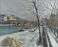 Serge Belloni « Le peintre de Paris » - Le Pont Marie et l’Ile Saint-Louis sous la neige vers 1960 huile sur toile