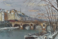 Serge Belloni « Le peintre de Paris » - Le Pont Marie et l’Ile Saint-Louis sous la neige vers 1960 huile sur toile