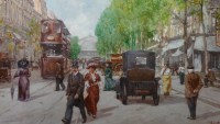 Leon ZEYTLINE Ecole Russe 20è siècle Paris Tramway, calèches et automobiles sur le Boulevard de Strasbourg Huile signée