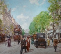 Leon ZEYTLINE Ecole Russe 20è siècle Paris Tramway, calèches et automobiles sur le Boulevard de Strasbourg Huile signée