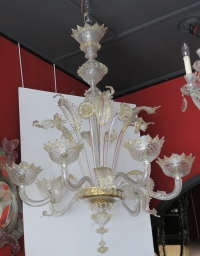 1900/20 Lustre Cristal Murano Avec Inclusions Feuilles d’Or 6 Branches