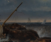 Bateau de pêche dans les brisants signé Johann-Jakob Ulrich (1798-1877) huile sur toile vers 1837
