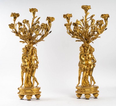 Paire de candélabres aux femmes en bronze doré et ciselé, fin XIXème||||||||
