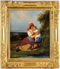 Julien Michel Gué (1789-1843) Portrait champêtre Femme et son Enfant huile sur toile époque Romantique vers 1820