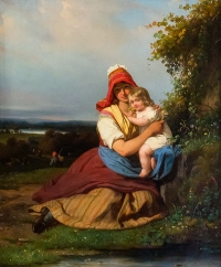 Julien Michel Gué (1789-1843) Portrait champêtre Femme et son Enfant huile sur toile époque Romantique vers 1820