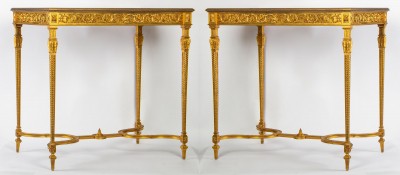 Paire de tables en bronze style Louis XVI, dessus marbre rouge XIXème. Millet||||||||||