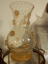 1970′ Vase Cristal Murano Style Barovier &amp; Toso Avec Paillons d’Or Non Signé