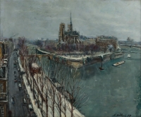 Serge Belloni  1925-2005 « Le peintre de Paris » - Notre Dame de Paris sous la neige huile sur toile vers 1959