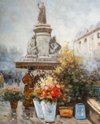 Huile sur panneau de Bowen, Marché aux fleurs place de la République, XXème siècle