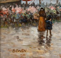 Huile sur panneau de Bowen, Marché aux fleurs place de la République, XXème siècle