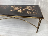 1970′ Table Basse Double Piétement Bronze Modèle Bambou Maison Baguès Laque De Chine 112 x 54 x H 38 cm