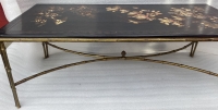 1970′ Table Basse Double Piétement Bronze Modèle Bambou Maison Baguès Laque De Chine 112 x 54 x H 38 cm