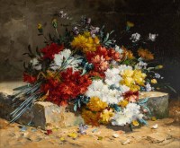 Henri Cauchois (1850 - 1911) : Bouquet d&#039;oeillets sur un entablement.