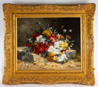 Henri Cauchois (1850 - 1911) : Bouquet d&#039;oeillets sur un entablement.