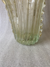 1970′ Vase de Murano Avec Bulles et Inclusions d’Or, Cristal Vert Opalescent , Signé Murano Toso