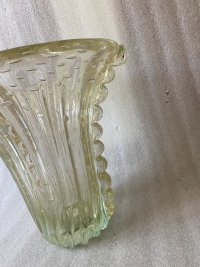 1970′ Vase de Murano Avec Bulles et Inclusions d’Or, Cristal Vert Opalescent , Signé Murano Toso
