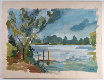 Peinture sur Papier, Paysage Laconique, Lac et campagne, Luez, année 1980.|||||||