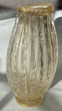 1970′ Vase Cristal Murano Avec Paillons D’Or Signés Murano Alberto Dama