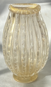 1970′ Vase Cristal Murano Avec Paillons D’Or Signés Murano Alberto Dama