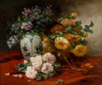 Henri Cauchois (1850 - 1911) : Nature morte aux bouquets de roses.
