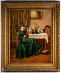 Huile sur toile, &quot;Jeune fille à la lecture&quot; par Pierre Emile Bernede (1830 - 1920)