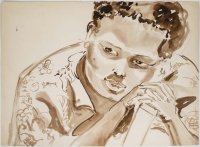 Peinture à l’eau sur papier, portrait d’une femme Africaine, XXème siècle.